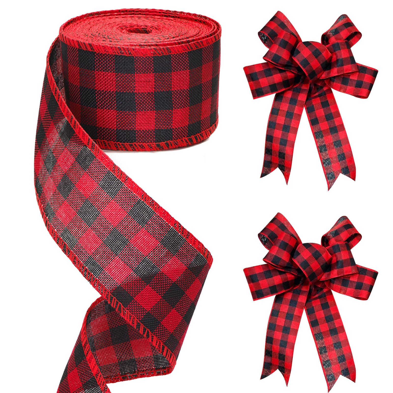 G2PLUS 63mm Christmas Wired Plaid Ribbon: 10M Red and Black Buffalo Check Ribbon for Gift Wrapping, Wreaths, Bows, DIY Crafts, Holiday Decoration