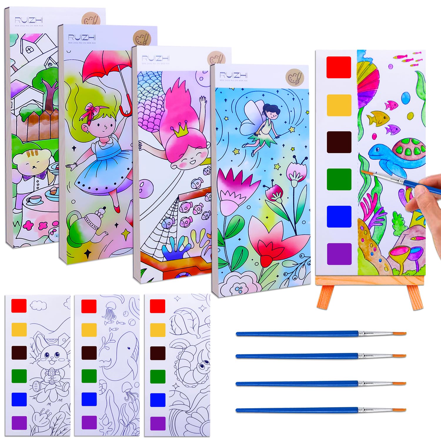 JUNQIU 4Pack Paint with Water Books for Kids Ages 4-8, Mess Free Coloring for Toddlers, Watercolor Coloring Books, Easter Basket Stuffers For Girls Boys, Stocking Stuffers For Kids