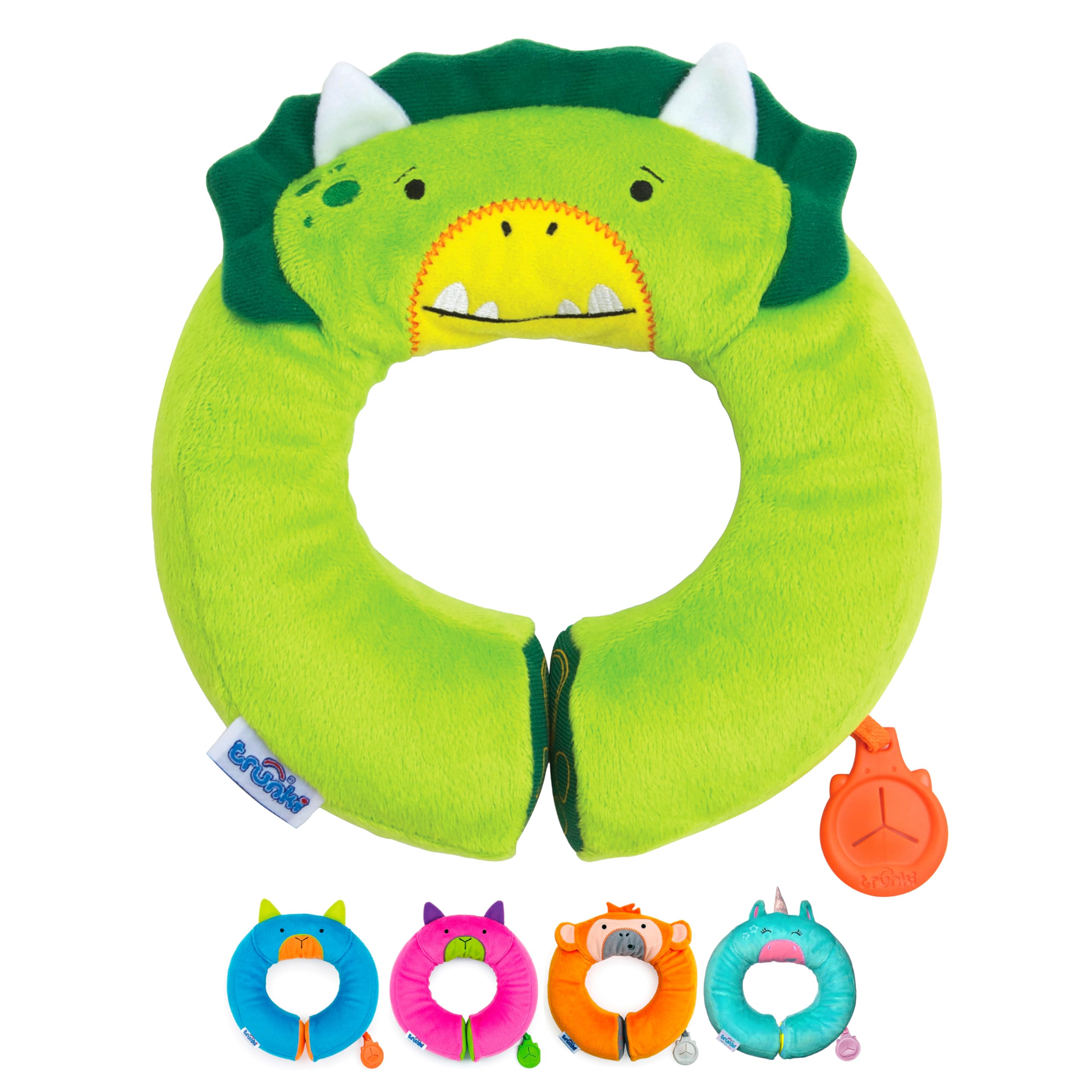 Trunki Kid's Travel Neck Pillow And Chin Rest | Support Sleepy Heads in the Car Seat, Plane, Bike or Pram | Yondi SMALL Dudley Dinosaur (Green)