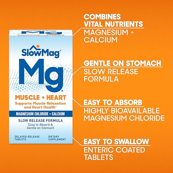 SLOWMAG MUSCLE & HEART MAGNESIUM CHLORIDE SUPPLEMENT WITH CALCIUM, 120 COUNT, SUPPORTS MUSCLE RELAXATION, HEART, NERVE & BONE HEALTH, HIGH ABSORPTION