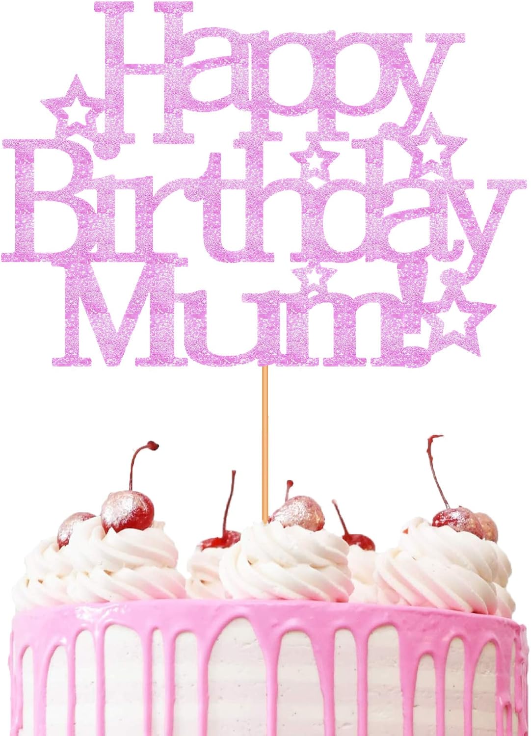 Happy Birthday Mum Cake Topper Glitter Cardstock Party Favour Decoration Cake Toppers (BABY PINK), Approx. 6 inches x 4 inches
