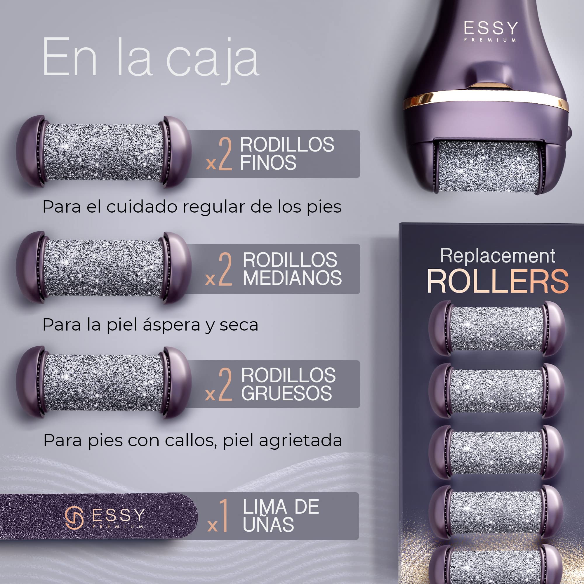 Lima Eléctrica para Pies con 5 Rodillos de Repuesto (Púrpura)