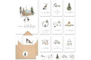 AUDREE Watercolor Woodland Christmas Cards with Envelopes & Matching Stickers (20 Pack 4"x6") - Thoughtful Gift Idea for Friends and Family - Perfect for Happy Holidays Card, Xmas Card