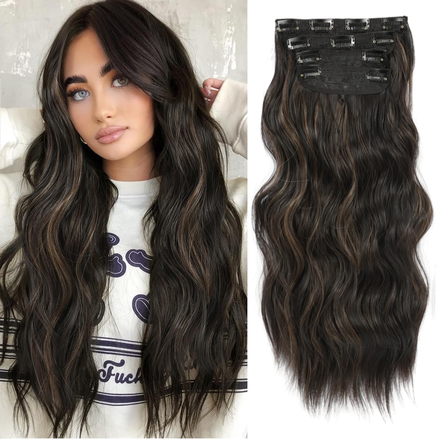 20inch Hair Extensions Clip in 4Pcs Curly Full Head Synthetic Hair Extension Wavy Hairpieces for Women (20Inch, Natural Black with Highlights) โ image 1