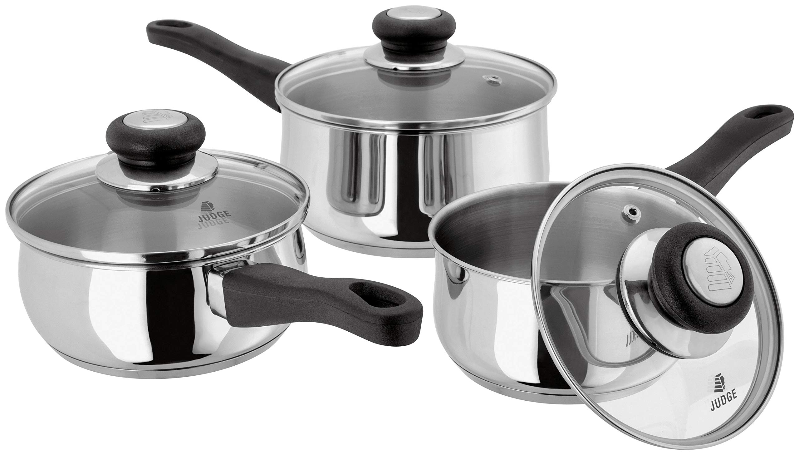 Judge Vista Stainless Steel Set of Pans, 3-Piece Set, 14cm,16cm &18cm Saucepans, Classic Curved Shape, Vented Glass Lids, Induction Ready, Oven Safe, 25 Year Guarantee