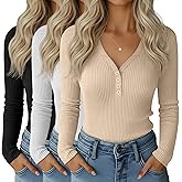 Huukeay 3 Pack Women's Ribbed Henley Long Sleeve Shirts, Button V Neck Tunic Tops Slim Fit Casual Soft Basic Knit Tee Blouse