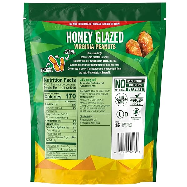 EMERALD NUTS HONEY GLAZED XL VIRGINIA PEANUTS (1-PACK) | 10 OZ RESEALABLE BAG | KOSHER DAIRY CERTIFIED, NON-GMO, CONTAINS NO ARTIFICIAL PRESERVATIVES, FLAVORS OR SYNTHETIC COLORS
