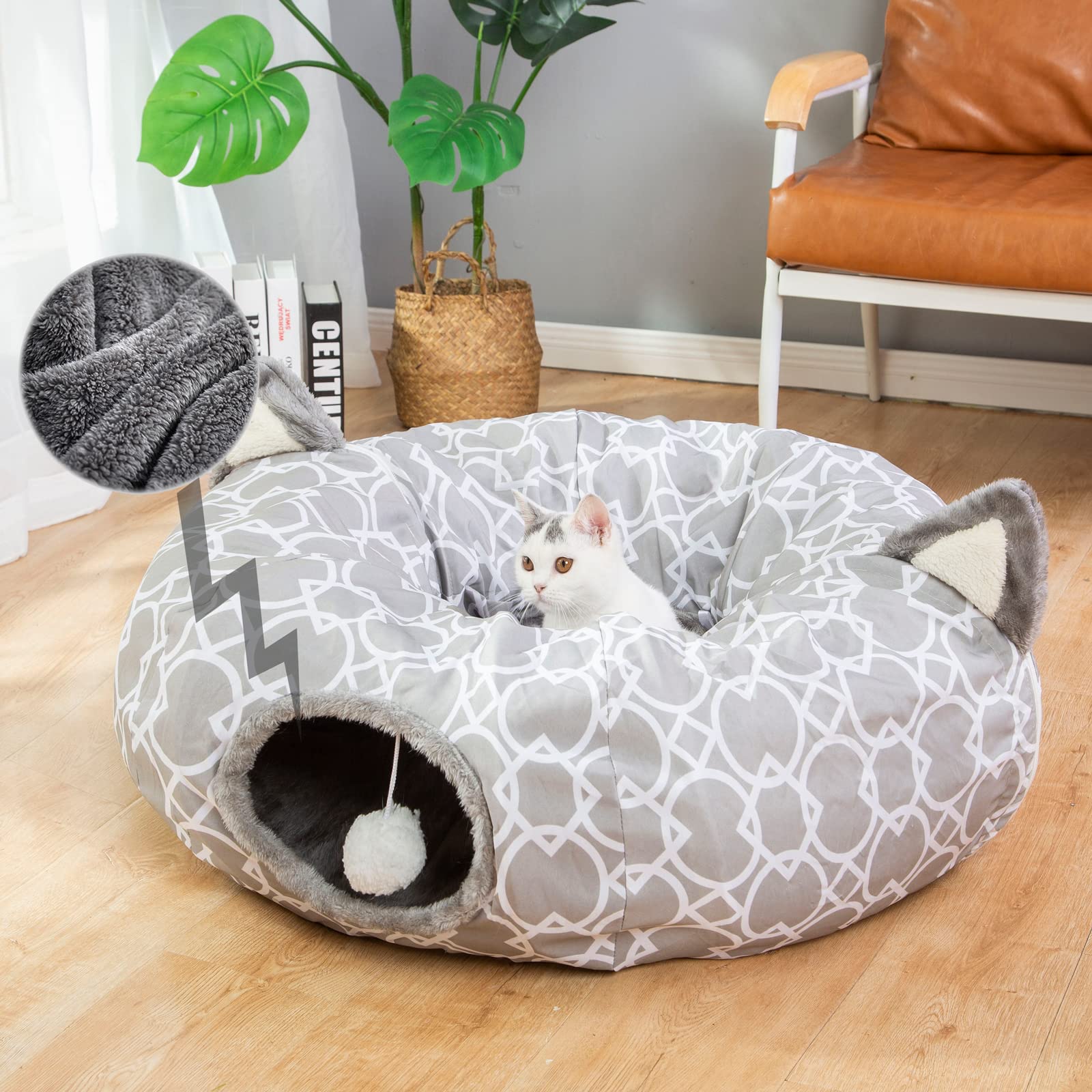 Photo 1 of LUCKITTY Geometric Cat Tunnel Bed Under Christmas Tree Oxford Outside with Plush Inside,Cats Toys Collapsible Tunnel Tube with Balls, for Rabbits, Kittens, Ferrets,Puppy 3FT