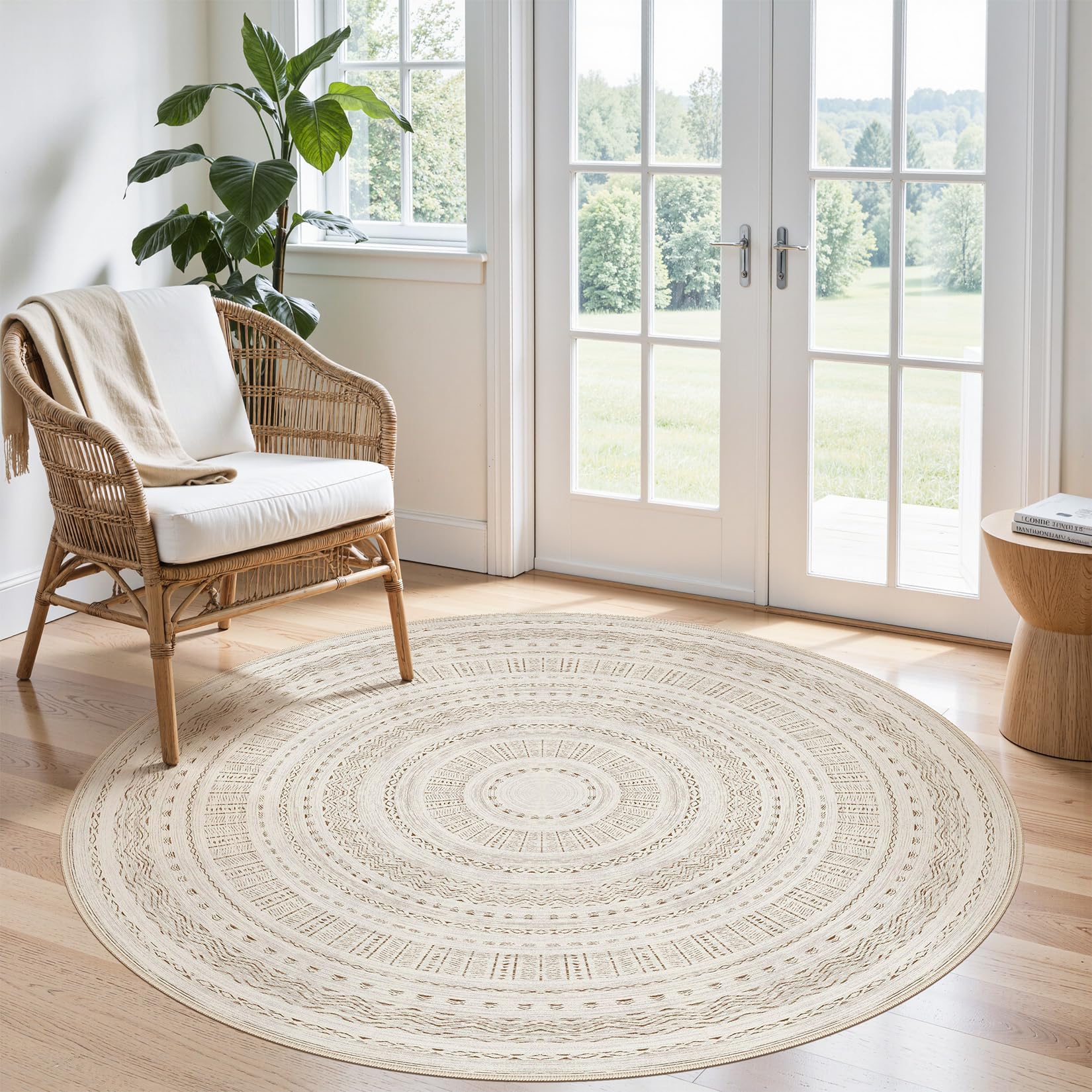 cotiled 5x5 Round Area Rug Living Room: Washable Boho Rugs with Non Slip Backing Large Soft Indoor Stain Resistant Carpet for Bedroom Farmhouse Dining Room Lightweight Home Decor Brown/Cream Image