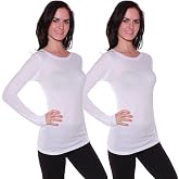 Active Basic Athletic Fitted Plain Long Sleeves Round Crew Neck T Shirt Top 2 Pack - White, White Large