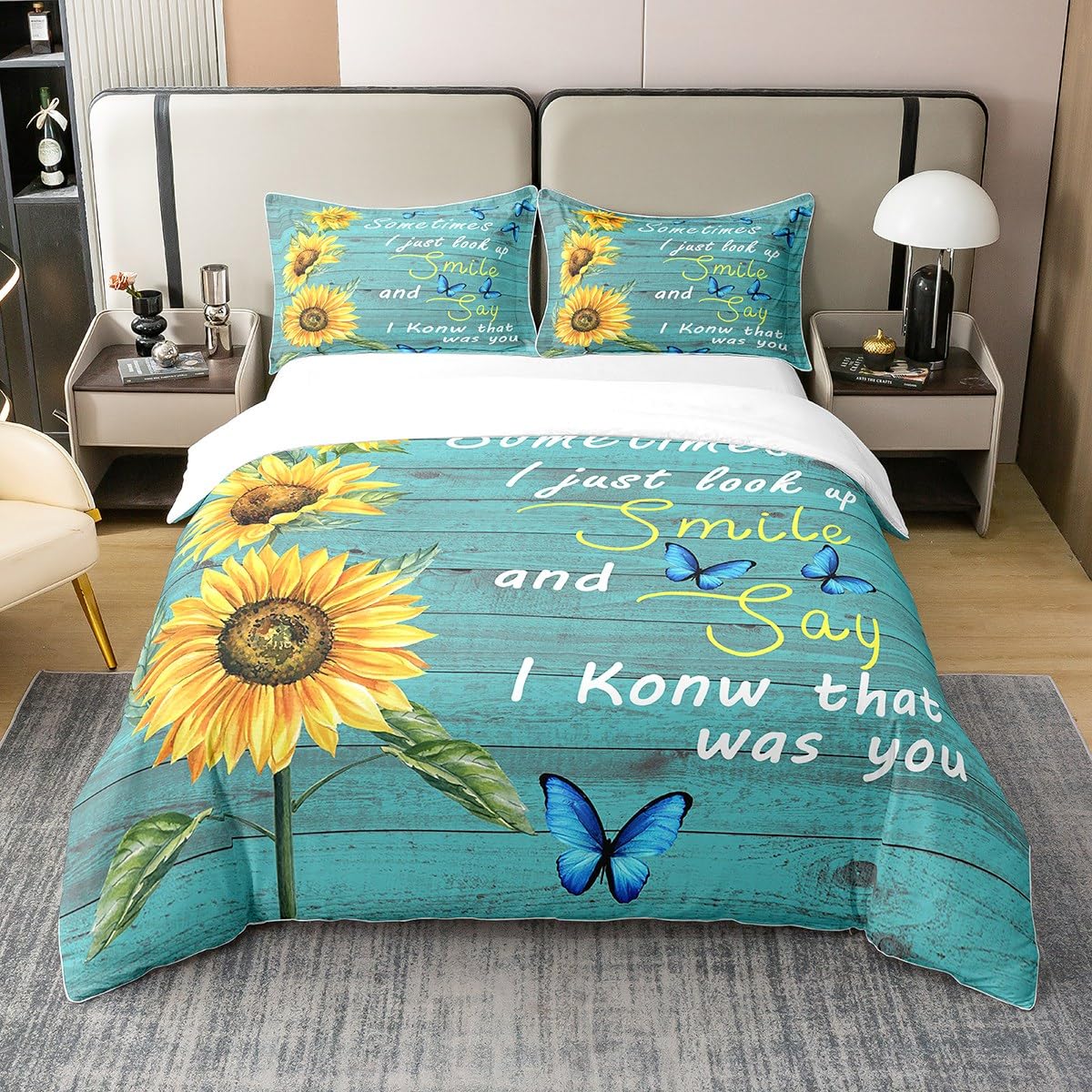 Sunflower Cotton Duvet Cover Set Butterfly Sunflower Bedding Set for Kids Boys Girls Yellow Flower Comforter Cover Green Wooden Texture Duvet Set Double Size
