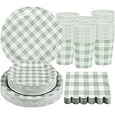 Purhapfre 200Pcs Sage Green Gingham Party Supplies Gingham Paper Plates and Napkins Cups Sage Plaid Plates Disposable Green and White Plaid Party Decor for Birthday Family Picnic BBQ,Serves 50 Guests