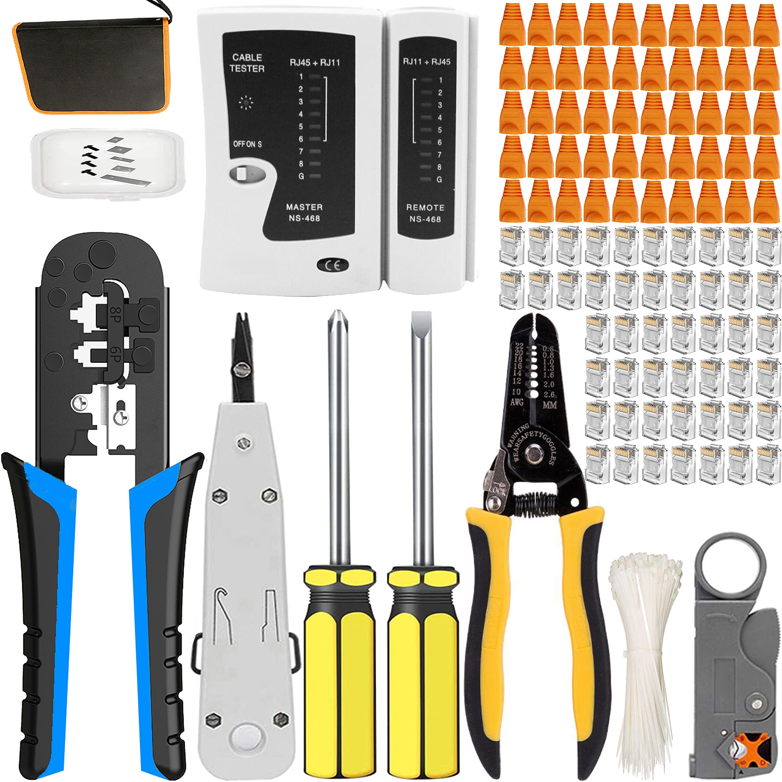 MAYLINE Ethernet Crimper Kit RJ45 RJ12 Crimp Network Tool kit, CAT5 CAT6 Stripper Cable Crimping Tool, Professional LAN Ethernet Tester, Crimp Repair Tool with Connectors (Blue)