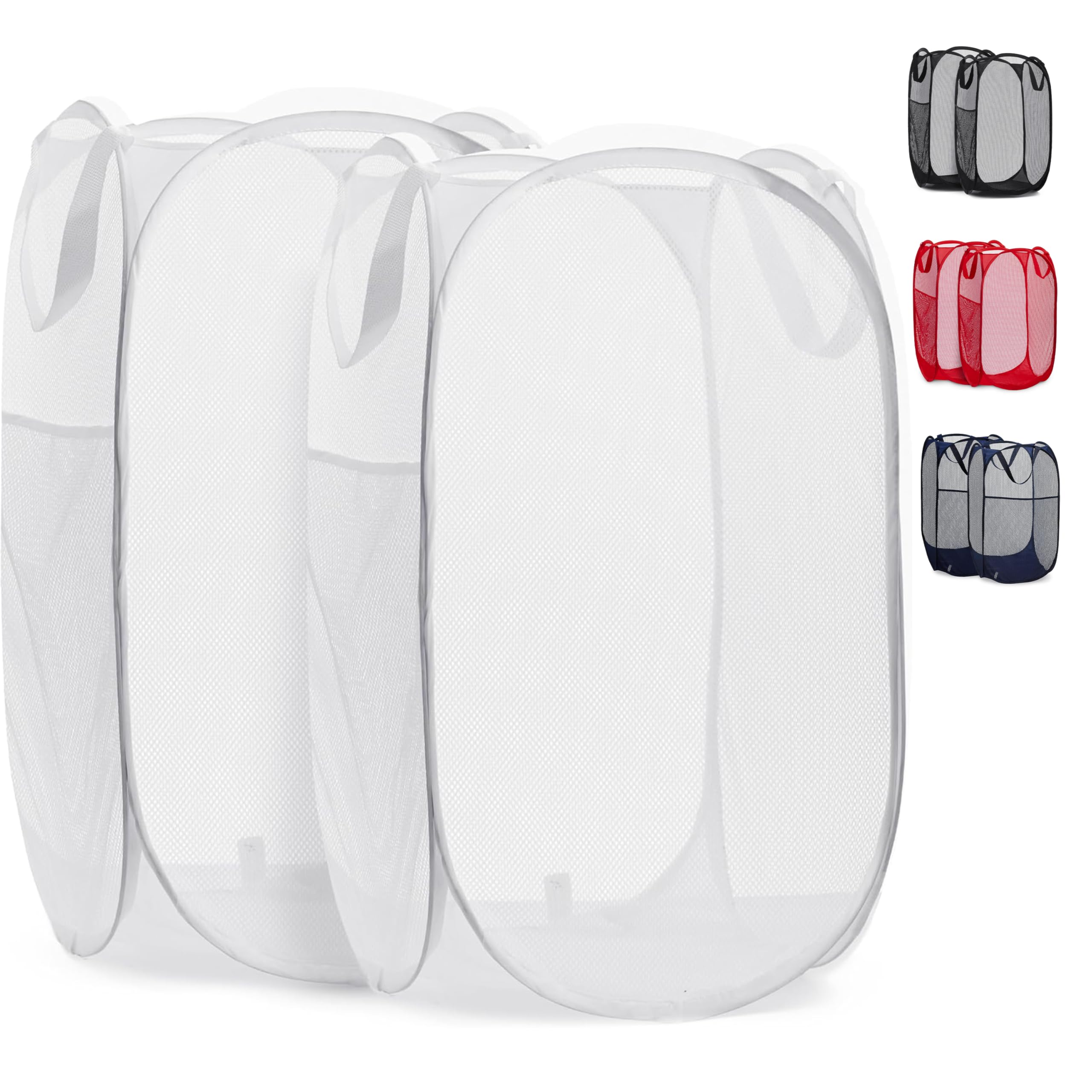 Handy Laundry Collapsible Mesh Pop Up Laundry Hamper 2-Pack, Wide Opening, Side Pocket, Space-Saving Foldable Basket for Clothes, Travel, Dorm, Kids Room, Breathable & Durable (White)
