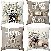 BBOLDIN Farmhouse Throw Pillow Covers 18x18 Couch Cushion Covers, Pastel Country Flower Car Decorations for Bedroom Porch Home, Rustic Pillow Cases Spring Decor Set of 4