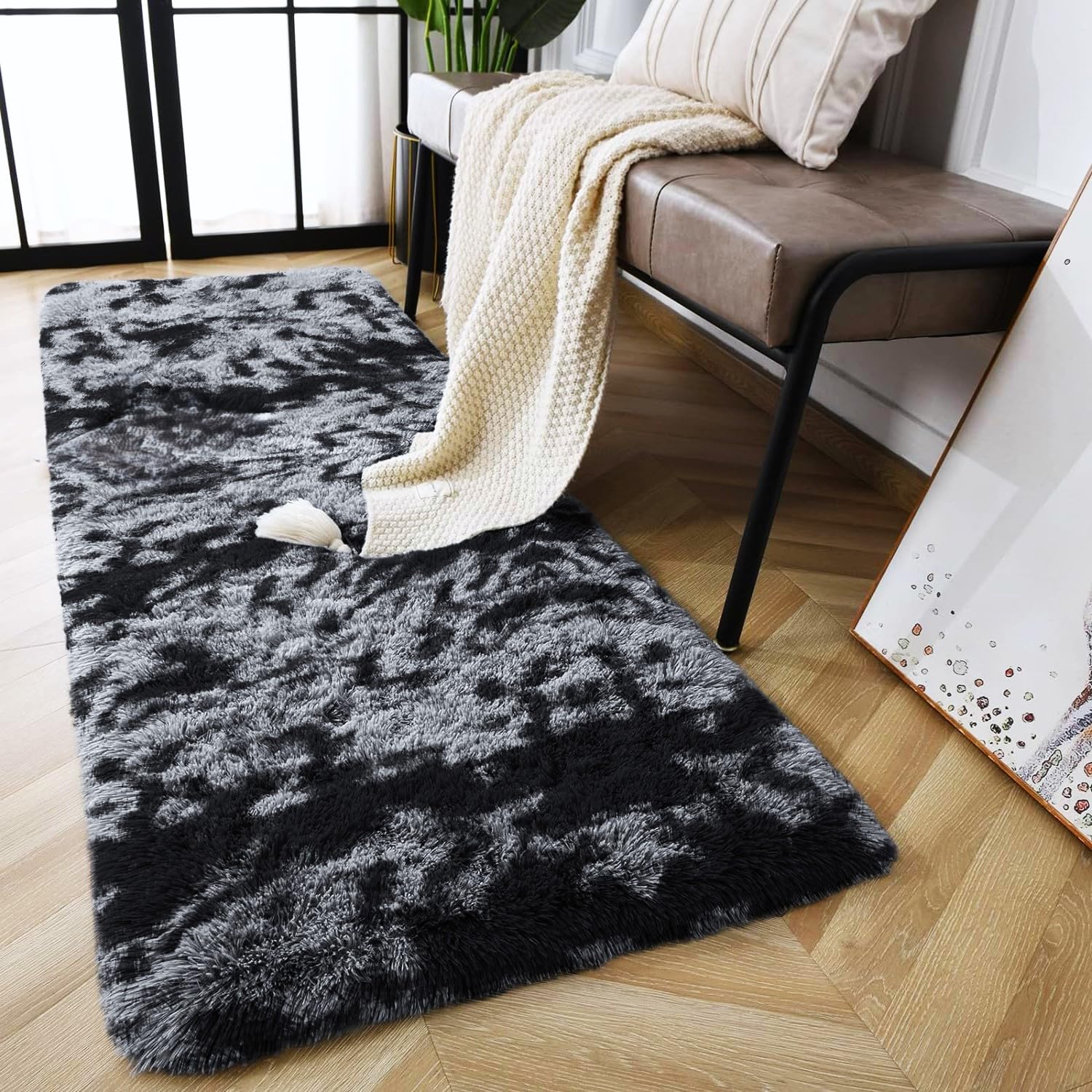 AMEHA Tie Dye Dark Grey Shaggy Runner Rug 60x220 cm Patterned Fluffy Soft Non Slip Large Hallway Rug Modern Bedroom Living Room Carpet Non-Shedding