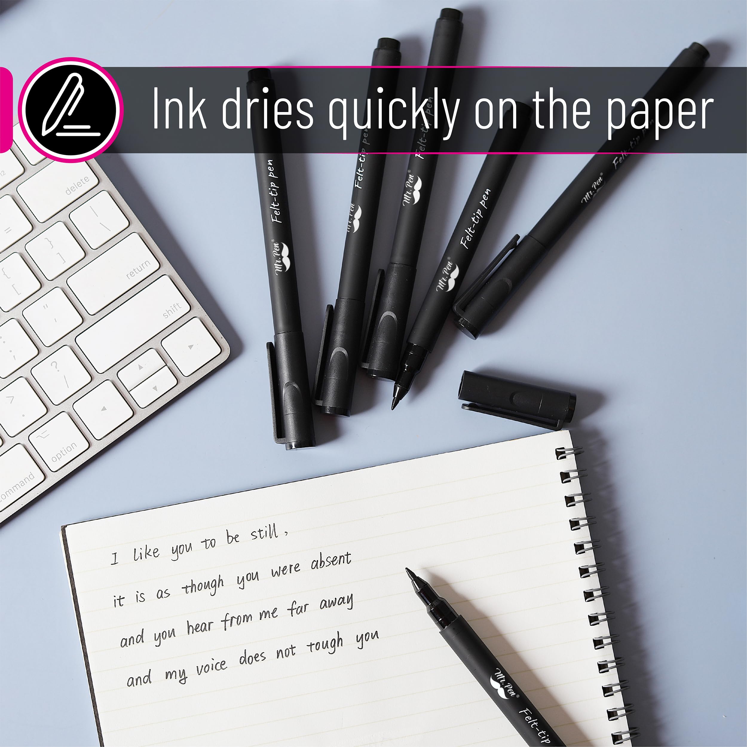 Mr. Pen- Felt tip pens, Pack of 12, 0.7mm Point Tip, Black Felt Tip Pens, Fast Dry, Planner Markers