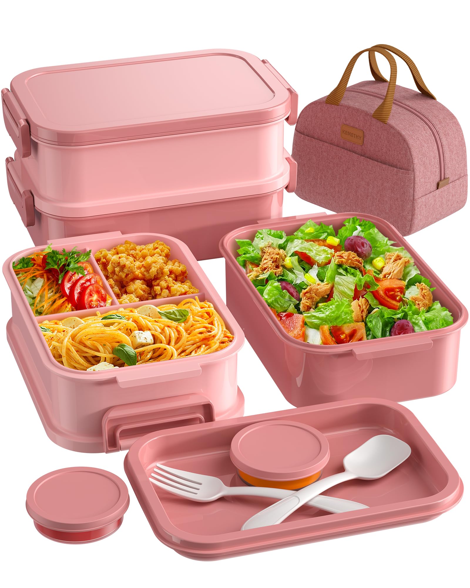 Photo 1 of KEMETHY Adults Bento Lunch Box Set with Thermo Bag, 74oz Stackable Leak-proof 3-tiers Bento Box, Built-in Utensil and Sauce Container for Work, School, Dining Out (Pink)