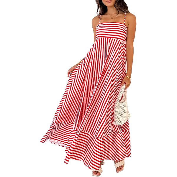 chinese dress ladies WM Backless Striped Maxi Dress Red at Amazon Women's Clothing store