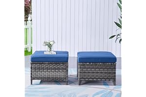 HUMMUH Outdoor Ottomans for Patio Set of 2 PE Wicker Steel Frame Outdoor Footstool for Patio, Backyard, Additional Seating, Side Tables with Removable Weather-Resistant Cushions