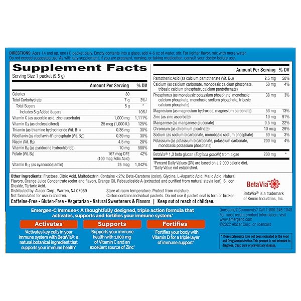 EMERGEN-C IMMUNE+ TRIPLE ACTION IMMUNE SUPPORT POWDER, BETAVIA (R), 1000MG VITAMIN C, B VITAMINS, VITAMIN D AND ANTIOXIDANTS, SUPER ORANGE – 30 COUNT (PACK OF 1)