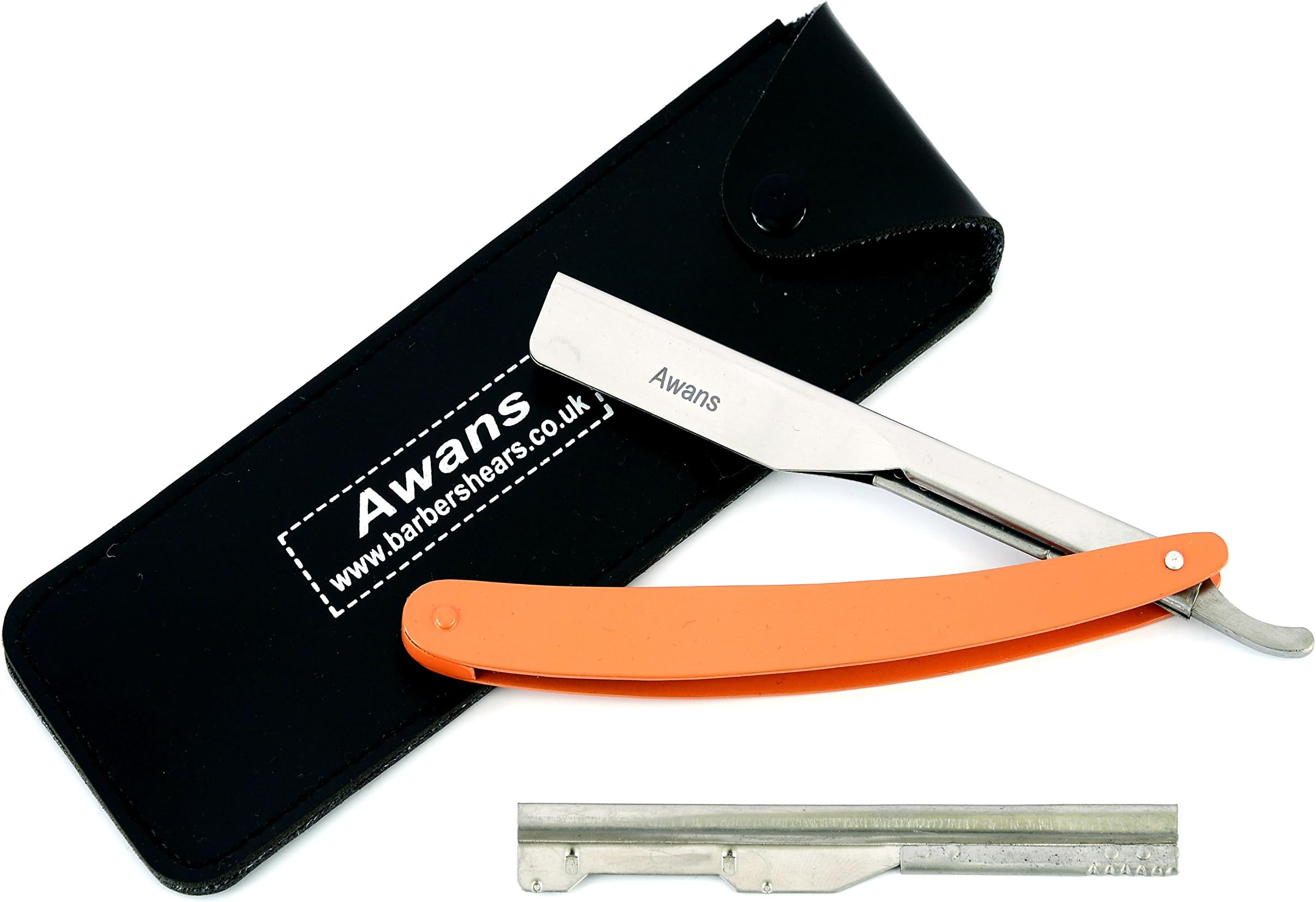 Awans Barber Straight Shaving Razor - Professional Barber Style Swing Lock Razor with Leather Pouch, Orange (Blades Not Included)