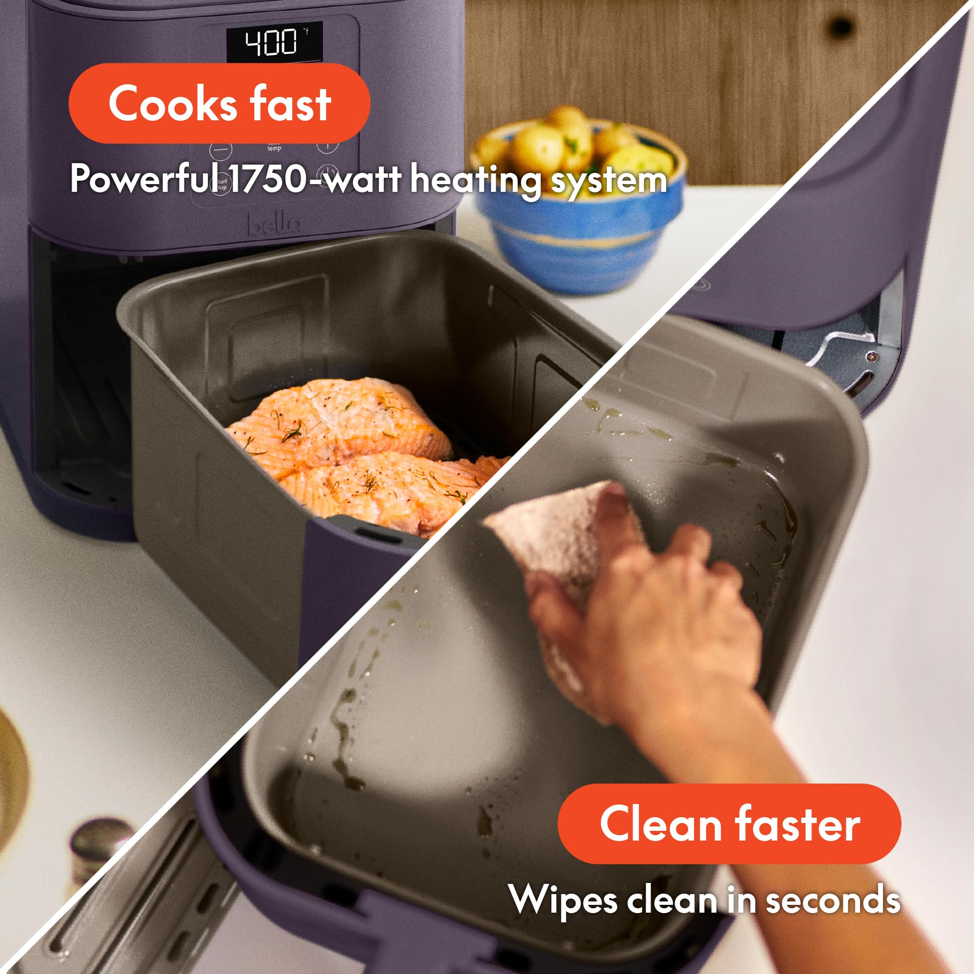 Bella Freidora de aire delgada de 6 cuartos, utensilios de cocina Fits-anywhere™, revestimiento antiadherente cerámico EverGood™, temperatura ajustable, 6 opciones de cocción preestablecidas, apagado automático de 60 minutos con tono audible, capacidad de 5 lb, ciruela