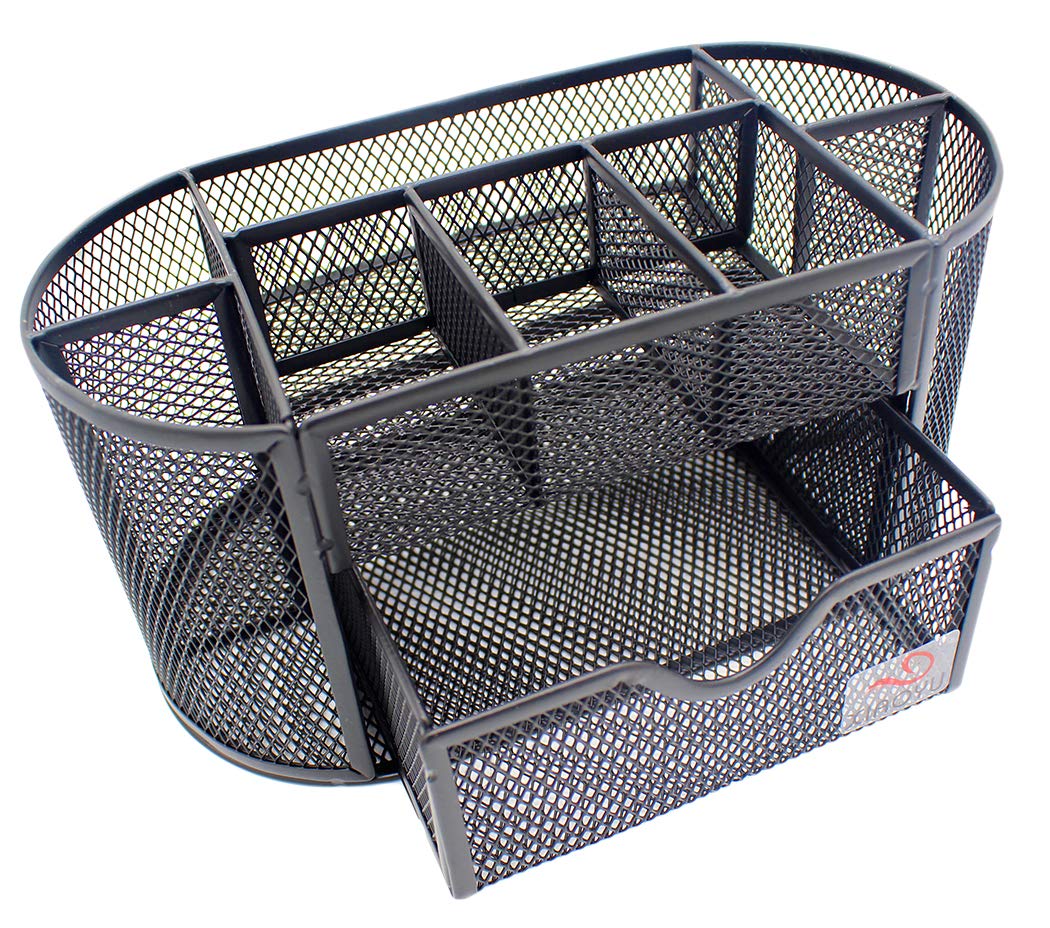 XIAOYU Office Supplies Mesh Desk Organizer Pen Holder Accessories Storage 9 Compartments with Drawer, Style1