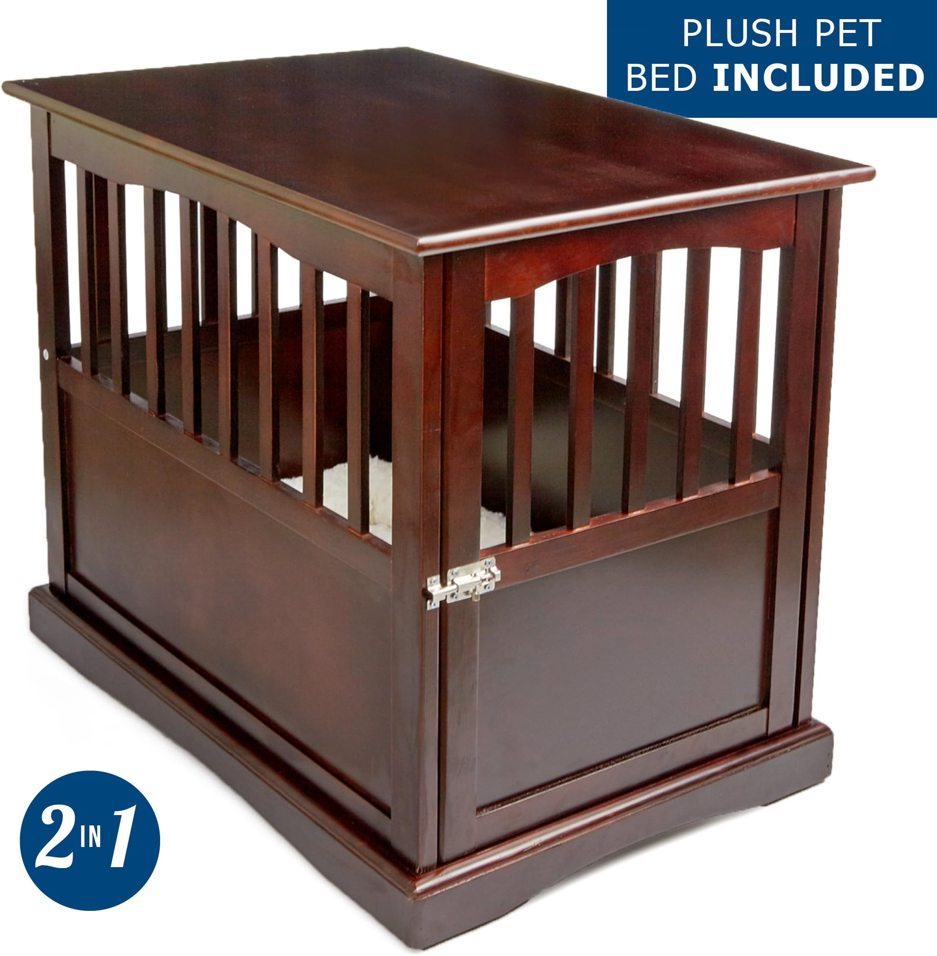 Petlo Pet Crate Kennel and End Table with Lockable Door and White Velvet Mattress Pad - Elegant Pinewood Furniture - Espresso Finish - 18" W x 26" D x 24" H