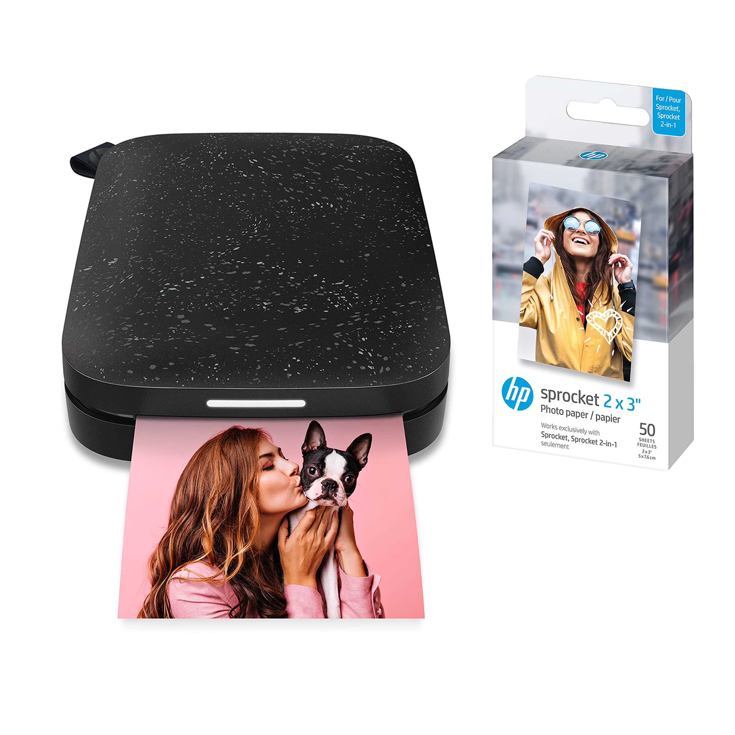 HP Sprocket Portable 2x3" Instant Photo Printer (Black) with HP Sprocket 2x3" Premium Zink Sticky Back Photo Paper (50 Sheets)