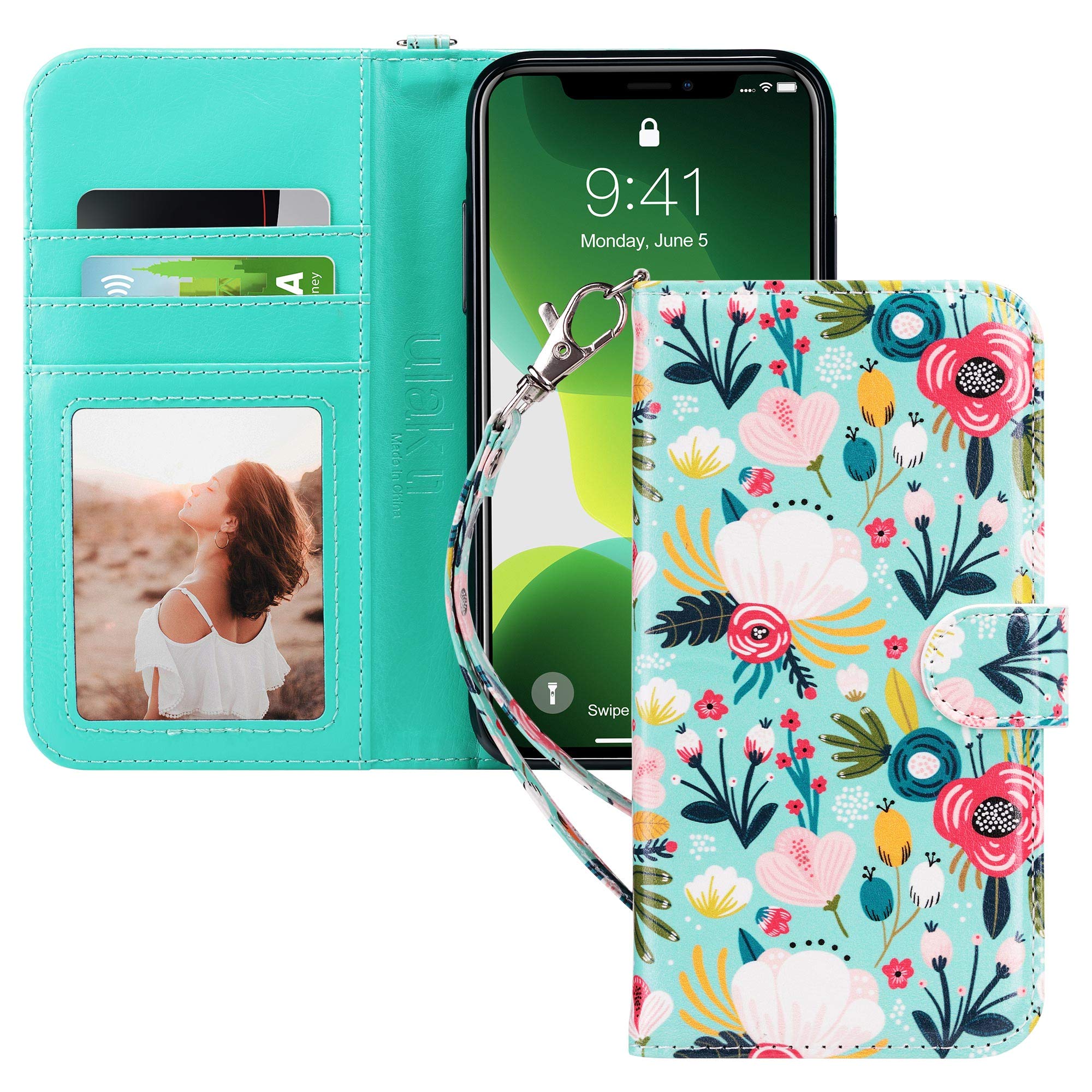 ULAK for iPhone 11 Case Wallet, Flip Case with Card Holder PU Leather + TPU Bumper Stand Cover Kickstand Full Protective Phone Case for iPhone 11 6.1 inch - Mint Flower