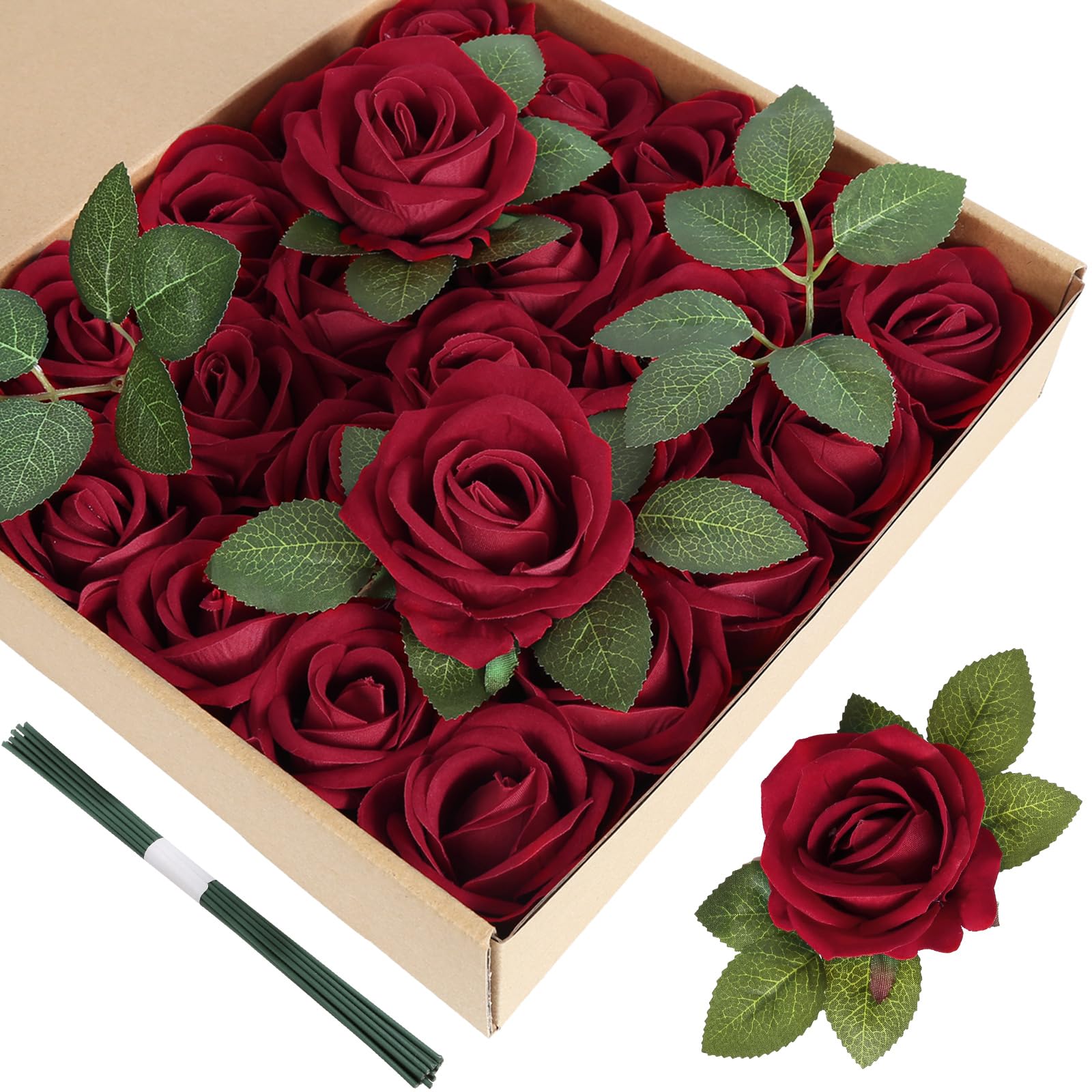 Photo 1 of ICBOX Red Artificial Roses 25 PCS Velvet Silk Flowers With Stems for DIY Wedding Party Baby Shower Home Decoration