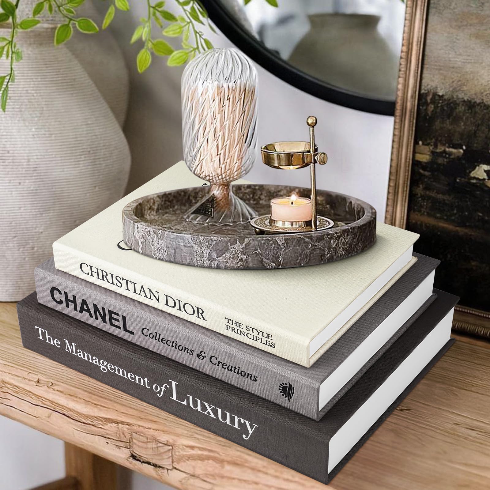 View 1 of 1DOT2 Aesthetic Decorative Books -Set of 3 Minimalist Linen Hardcover Faux/Fake Books for Coffee Table Home Decor Living Room Decoration, Photo Storage or as a Keepsake Box(Black-gray-beige-luxury)