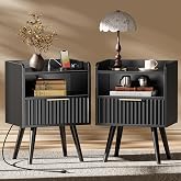 Huuger Nightstand Set of 2 with Charging Station, USB-C Port, End Tables | Fluted Night Stand Bedside Table with Drawer, Solid Wood Feet, Open Storage, with Raised Edge, for Bedroom, Black