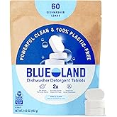 BLUELAND 100% Plastic-Free Dishwasher Detergent Tablets, 60ct, Free &amp; Clear | Eco-Friendly Dishwashing Pods, Cuts Grease &amp; Stuck on Food, Rinses Clean for Streak-Free Shine, Fully Dissolves, Septic Safe
