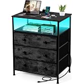 PATAVOT 3-Drawer LED Nightstand with Charging Station, Black. | Engineered Wood and Steel, 2 AC and 2 USB ports, 24 Inch Wide, RGB App Control, Fabric Drawers, Open Storage Shelf