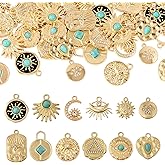 Spritewelry 48Pcs Gold Western Charms for Jewelry Making Turquoise Gold Charms Alloy Metal Round Vintage Sun Moon Pendants for Necklace Earrings Bracelets DIY Craft