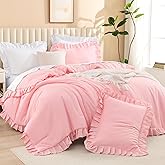 Litanika Pink King Size Comforter Set, 3 Pieces Ruffle Farmhouse Aesthetic Bedding Comforter Set, All Season Soft Lightweight Fluffy Microfiber Bed Set(104x90In Comforter, 2 Pillowcases)