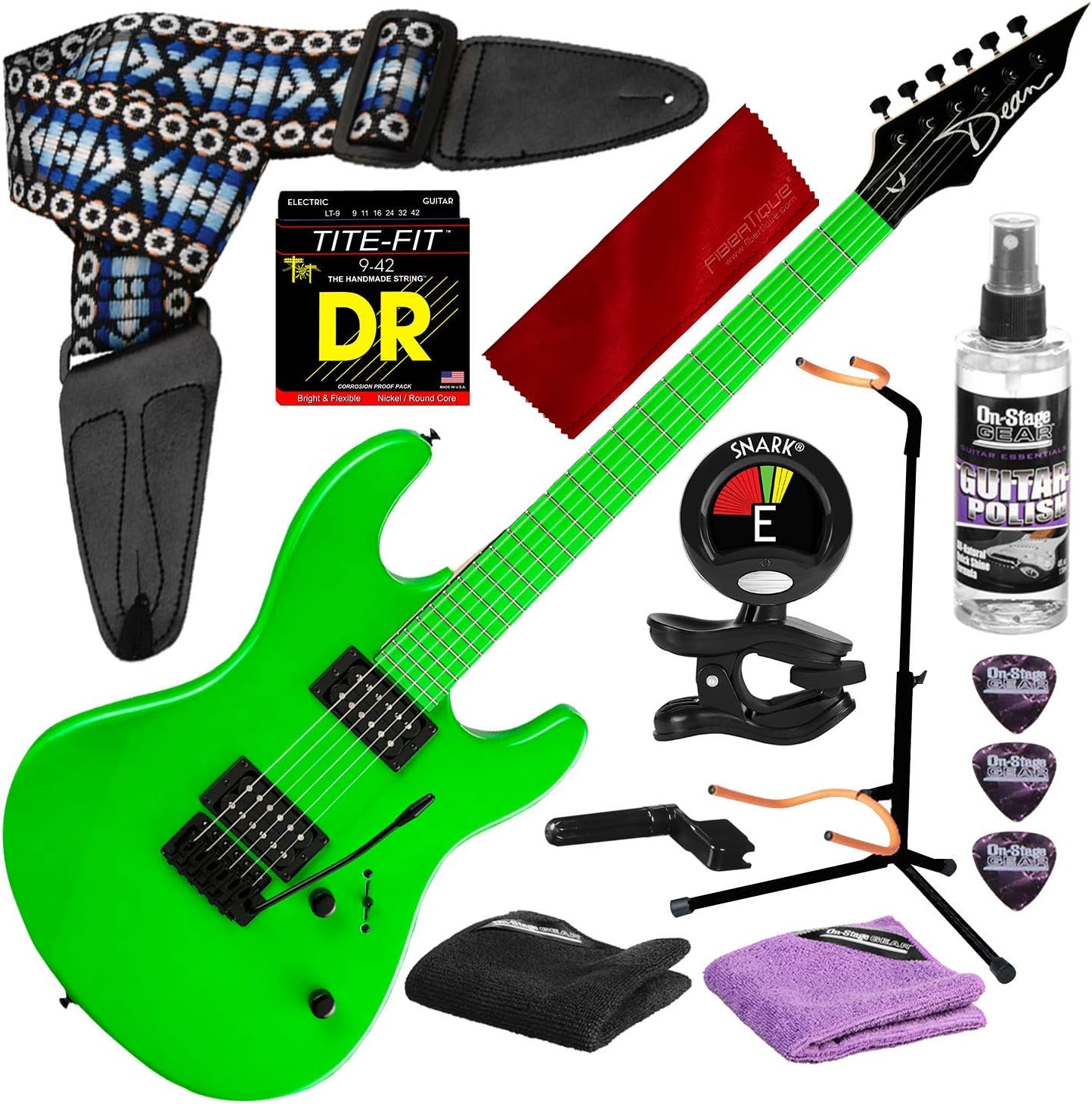 Dean Custom Zone 2 HB Solid Body Electric Guitar, Fluorescent Green with Guitar Stand & Deluxe Accessory Bundle