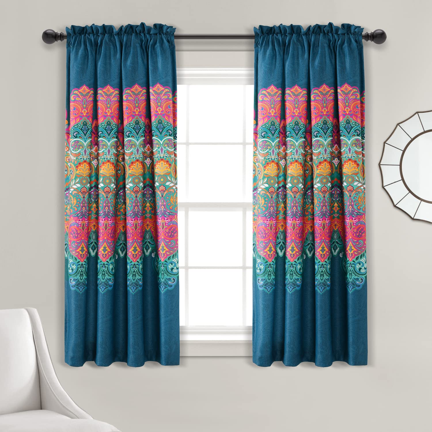 Lush Decor Boho Chic Light Filtering Window Curtain Panels Pair 52" W x 63" L +2" Turquoise & Navy - Colorful Curtains for Living Room - Maximalist Decor Image
