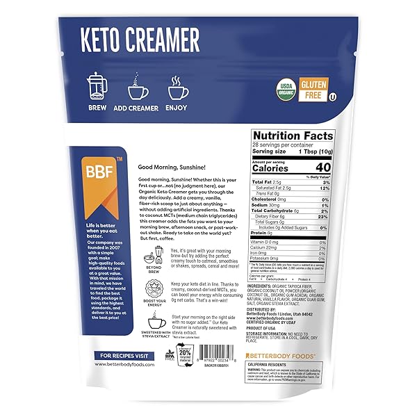 BETTERBODY FOODS ORGANIC KETO CREAMER, VANILLA CREAMER, DAIRY-FREE, GLUTEN-FREE, 10 OZ, WHITE, 1 COUNT