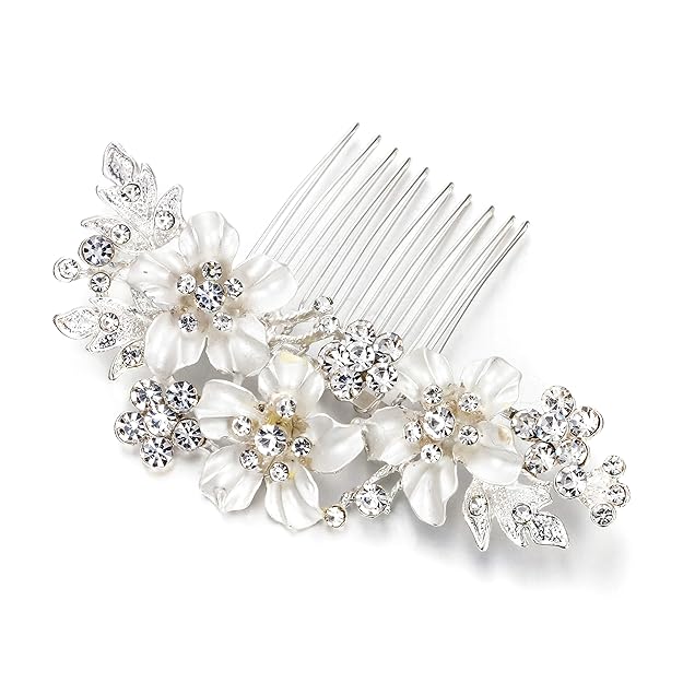 Clearine Damen Haarkamm Hochzeit Braut Kristall Emaille Hibiskus Blume Haarschmuck Brautschmuck Haarnadel Haar Kamm Klar Silb