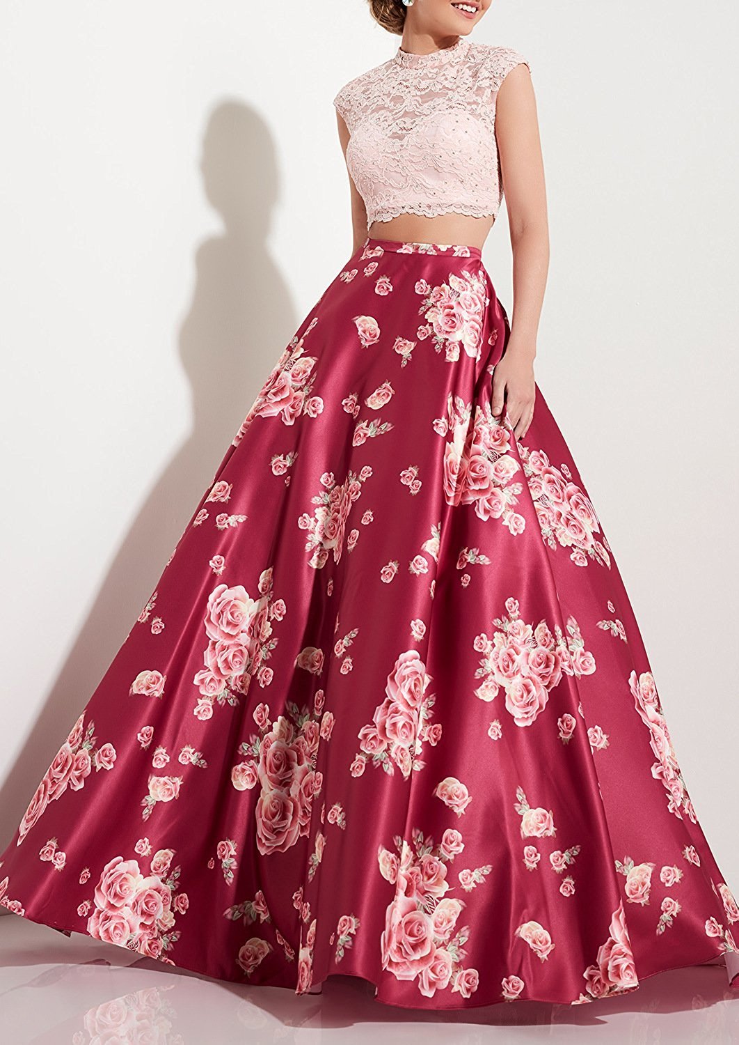 LL Bridal Women's 2 Piece Floral Prom Dresses Long Satin High Neckline