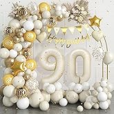 90th Birthday Decorations Sand White Gold,90th Balloon Arch Garland Kit With Number 90 Foil Balloons,Happy Birthday Banner for Women Men 90 Party Decoration