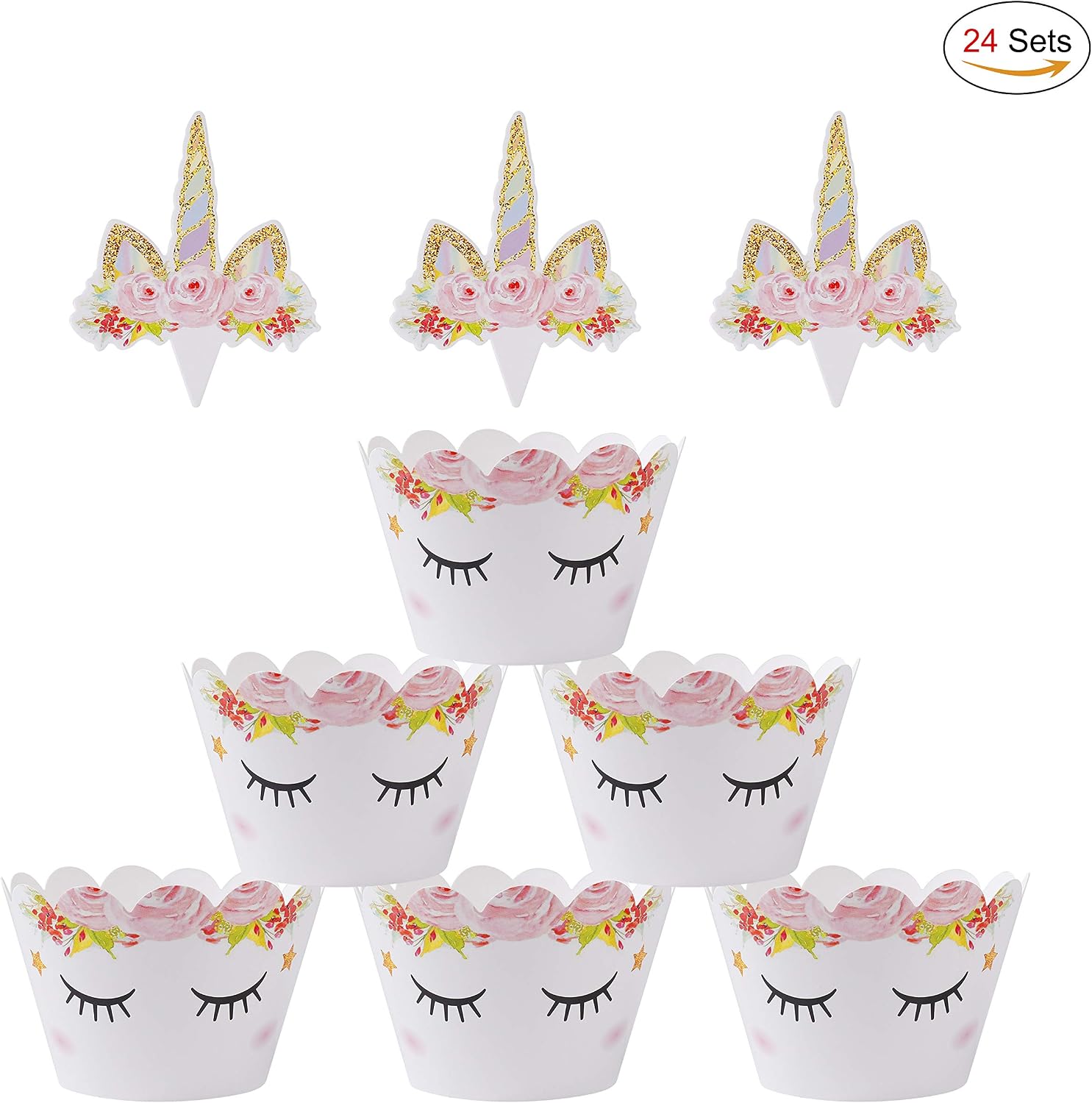 MengH-SHOP Cupcake Toppers Eyelash Cupcake Wrappers Unicorn Cupcake Wraps Liner Baking Cup for Kids Girls Birthday Themed Party Baby Shower 24 Sets - Image 5