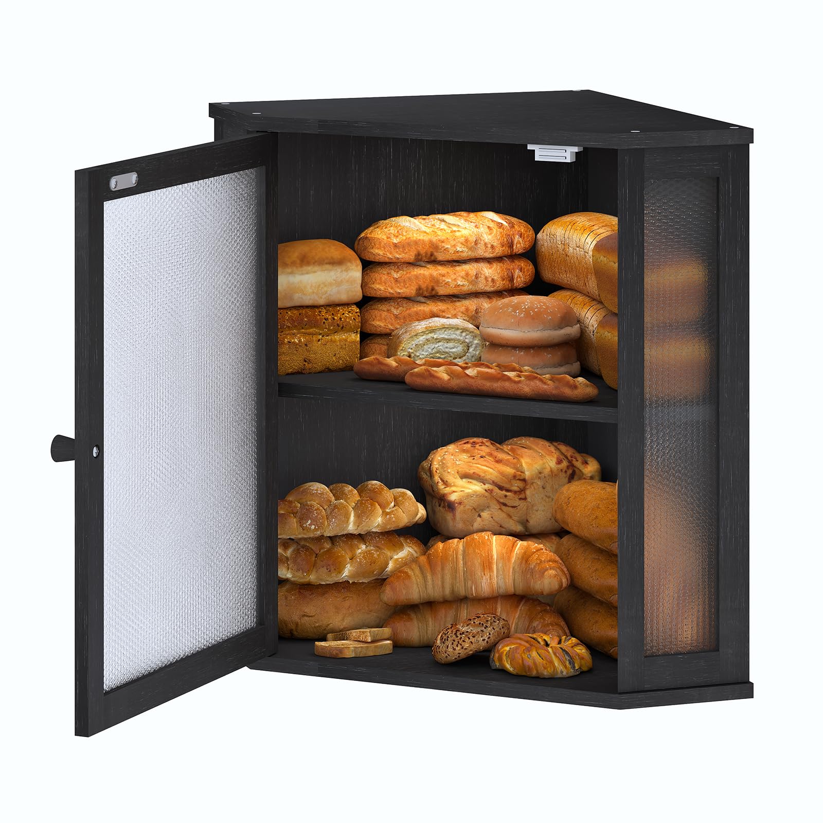 Photo 1 of Furshus Corner Bread Box for Kitchen Countertop,Bread Storage for Homemade Bread, Double Layer Large Bamboo Kitchen Storage Bin with Window (Black, Large)