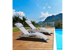 DOMI OUTDOOR LIVING Domi Pool Lounge Chairs Set of 2 with Side Table, Aluminum Adjustable Outdoor Chaise Lounge, All Weather Poolside Chairs for Deck Lawn Poolside, Textilene (Grey)