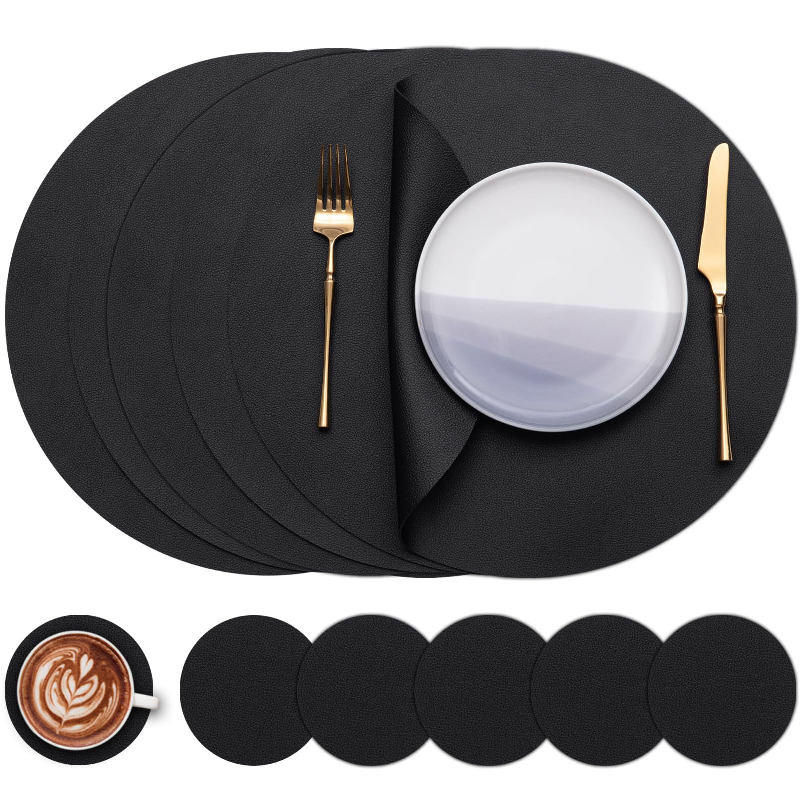 Myir JUN Round Table Placemats Set of 6 Faux Leather Place Mats and Coasters 15 inch Round Dual Sided Placemats Non-Slip Wipe Clean Stain Resistant (Black Black,Set of 6)