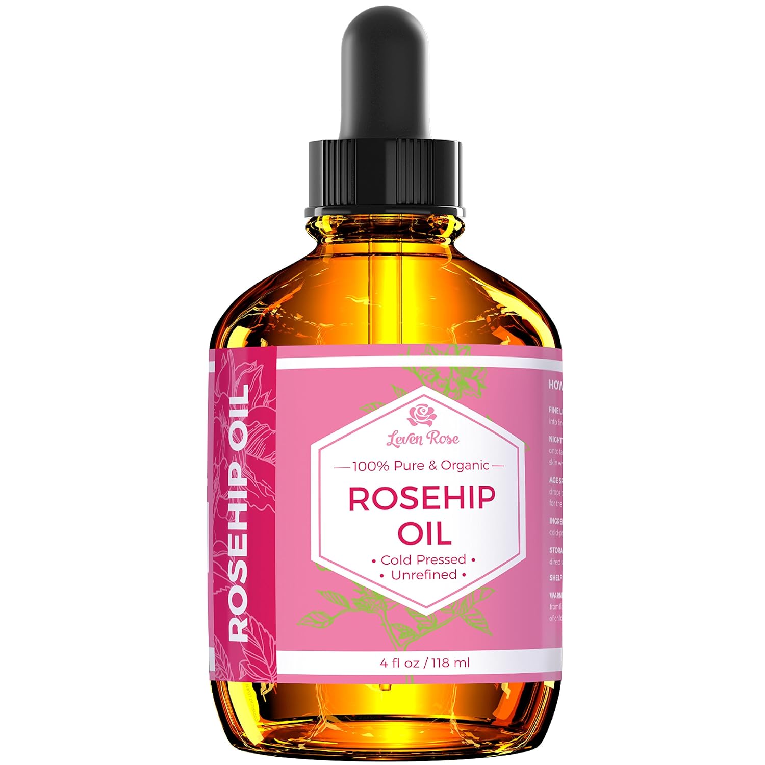Rosehip Seed Oil by Leven Rose, 100% Pure Organic Unrefined Cold Pressed Anti Aging Rose Hip Moisturizer for Hair Skin & Nails, 4 Fl. oz…: Beauty
