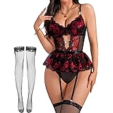 Alrovetoney Women Lingerie Set Naughty Lace Bodysuit High Waisted Underwire Lingerie Babydoll With Garter Belt and Stockings